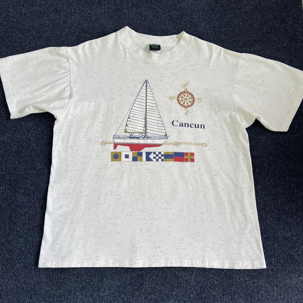 Vintage Cancun Sailboat Shirt‎ Mens Large White Nautical Graphic 90s Made USA